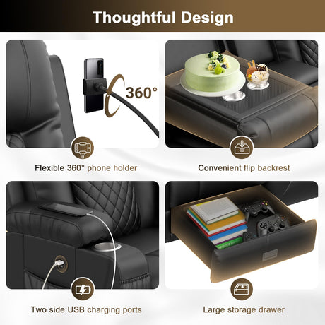YONISEE 4 Seat Recliner Sofa with Flip Backrest Design, Loveseat Reclining Sofa with Storage Console, Drawer, USB Ports, 2 Cell Phone Holder, Loveseat Recliner Couch for Living Room (Black) YONISEE