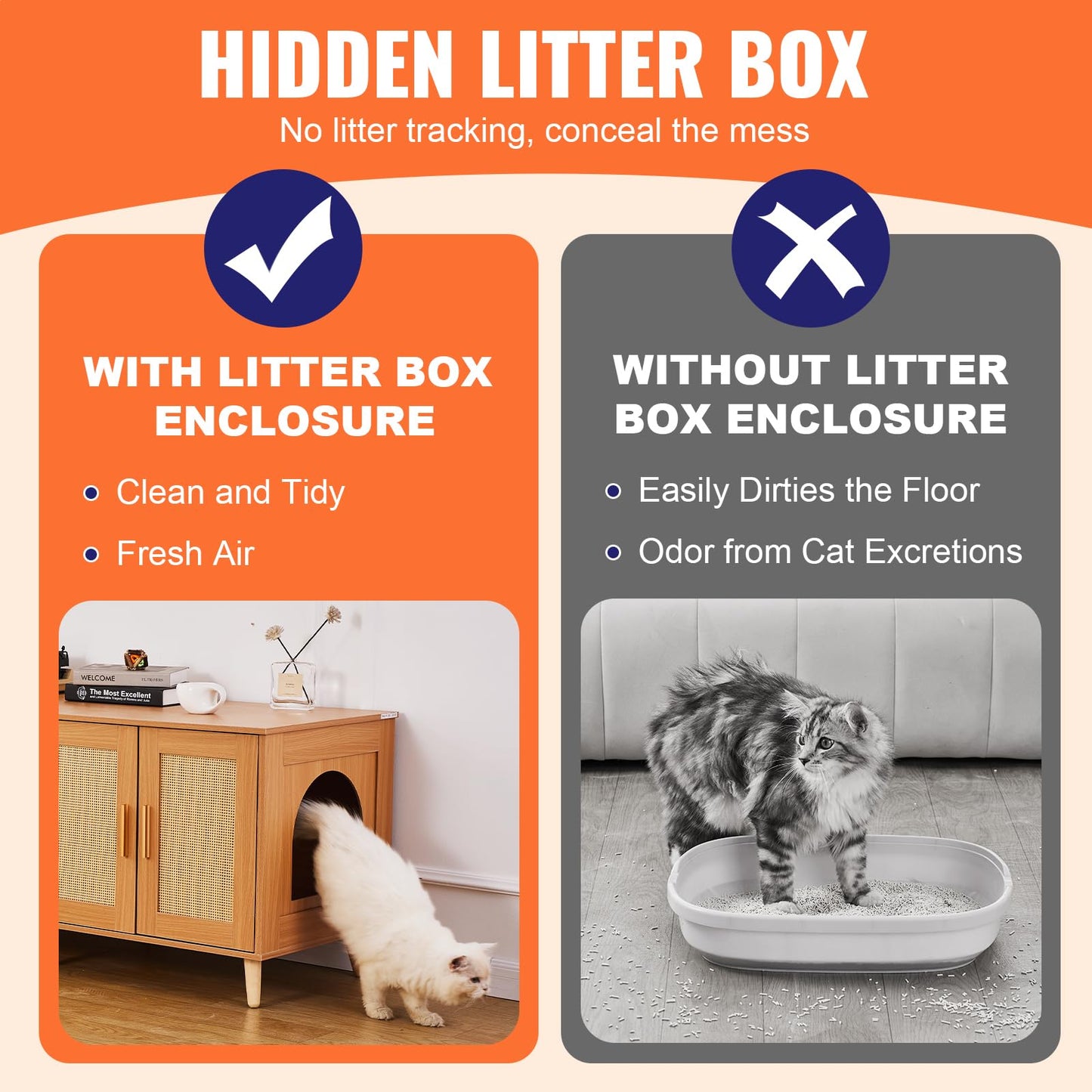 VEVOR Cat Litter Box Enclosure for 2 Cats, Litter Box Furniture Hidden with Rattan Decorated Doors, Wooden Cat Box Cabinet Fit Most of Litter Box, 47.2" L x 19.7" W x 21.7" H, Natural