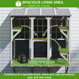 PetsCosset Cat Window Box,Wooden Window Catio for Indoor Cats,Expandable Outdoor Enclosure with 4 Platforms & 3 Doors,Secure Wall-Mounted Perch for Sunbathing, Play & Tunnel Connection,All-Weather Use PetsCosset