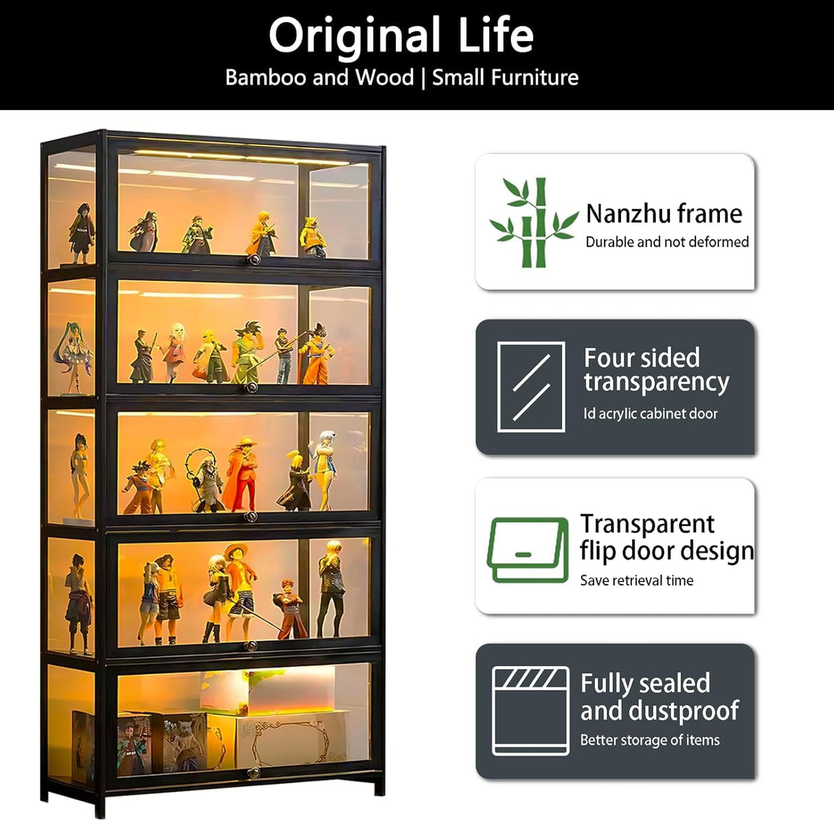 iusyugh 5-Tier Display Cabinet with Acrylic Glass Door, 65.5" High Display Case, Transparent Curio Cabinet&Bookcase for Collectibles, Toys, Books, for Playroom, Bedroom, Study Room (Black flip Door) iusyugh