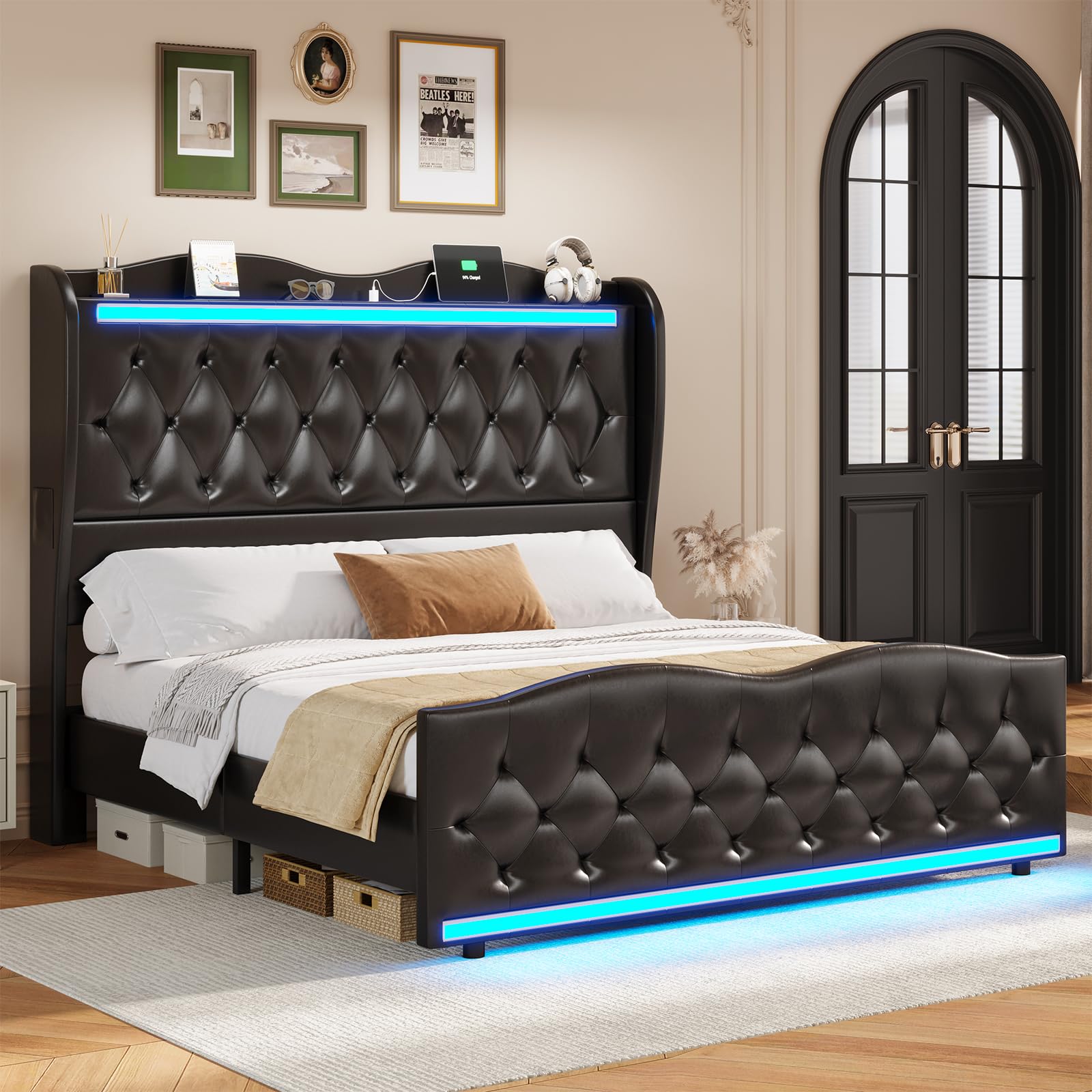 BTHFST Queen Size Bed Frame with Tall LED Headboard, Charging Station & Upholstered Wing Design - WoodArtSupply