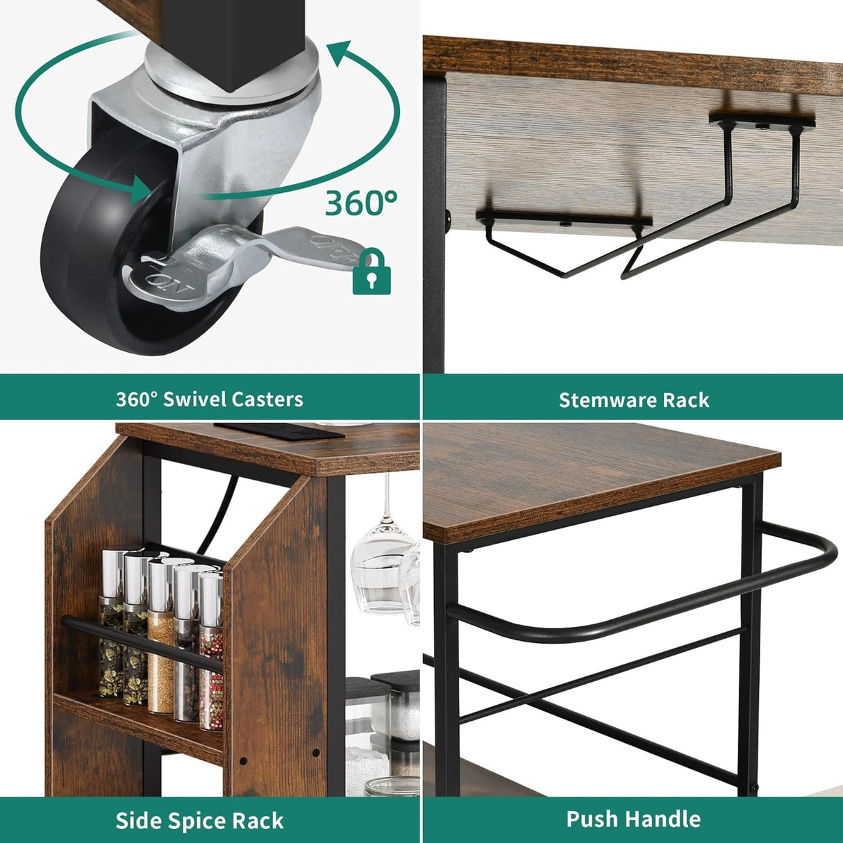 YITAHOME Mobile Kitchen Island Cart with Power Outlet, 33 Inch Rolling Kitchen Cart with Storage, Small Serving Utility Carts on Wheels with Open Shelves for Kitchen, Dining Room, Rustic Brown YITAHOME