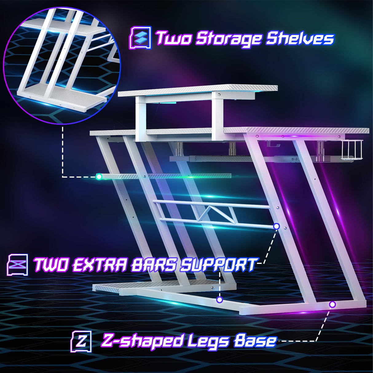 armocity L Shaped Gaming Desk with LED Lights and Outlets, White PC Gaming Desk with Monitor Stand and Shelves, Reversible Gaming Computer Desk with Keyboard Tray & Z-Shape Legs, 47" armocity