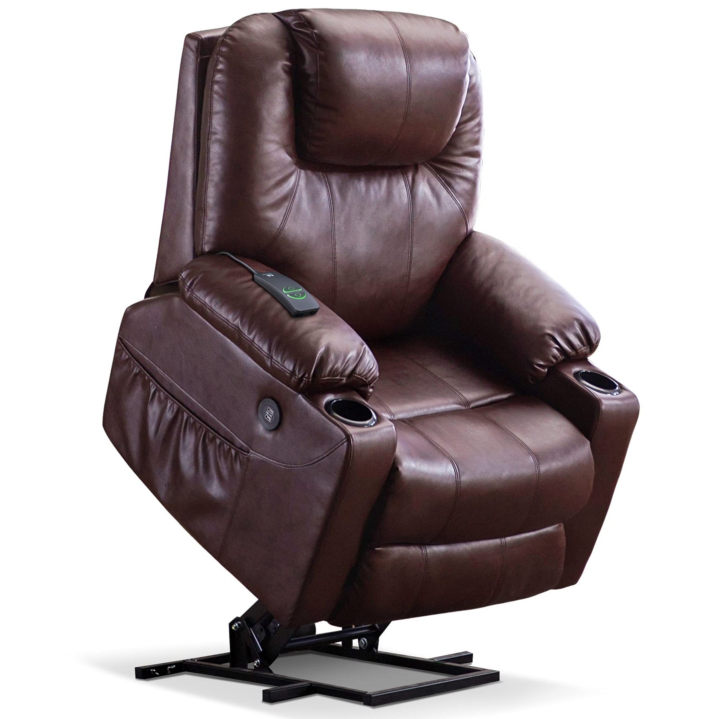 MCombo Electric Power Lift Recliner Chair Sofa with Massage and Heat for Elderly, 3 Positions, 2 Side Pockets, and Cup Holders, USB Ports, Faux Leather 7040 (Dark Brown, Medium)