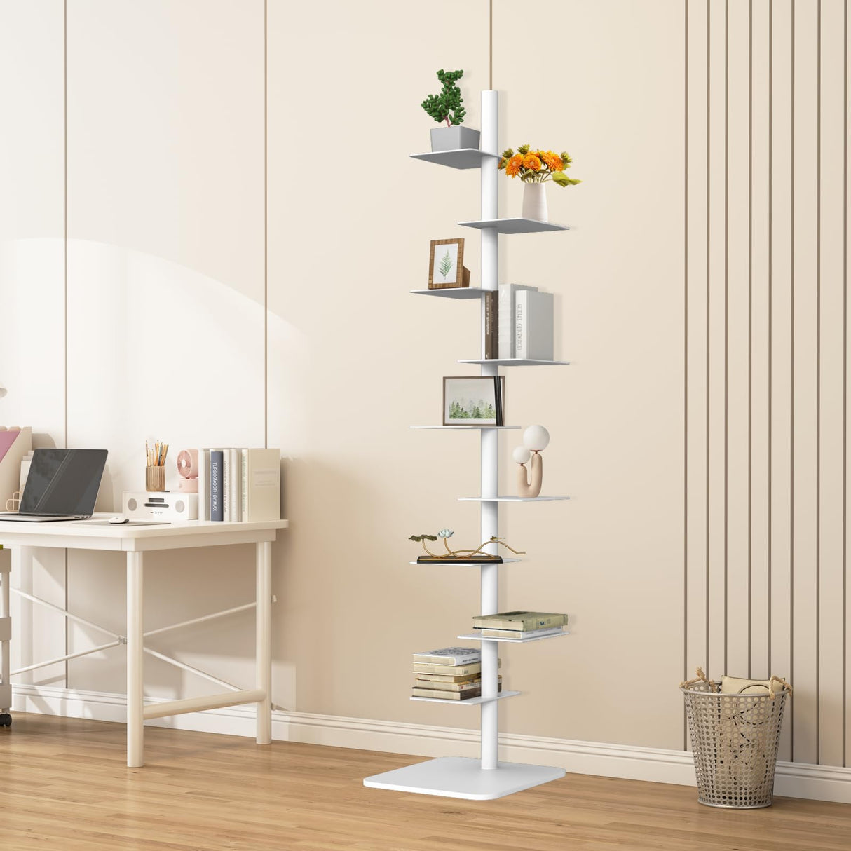 LXSEHN 9 Tier Metal Spine Bookshelf Tower, Adjustable Vertical Spine Book Tower Floor, Metal Vertical Bookshelf for Study Room,Living Room,Office,Bedroom (White) LXSEHN