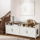 JanflyHome Double Cat Litter Box Enclosure for 2 Cats, 63" Hidden Litter Box Furniture with Outlet Power, Farmhouse Large Litter Box Cabinet TV Stand, 63 x 17.7 x 23.6 in, Antique White JanflyHome