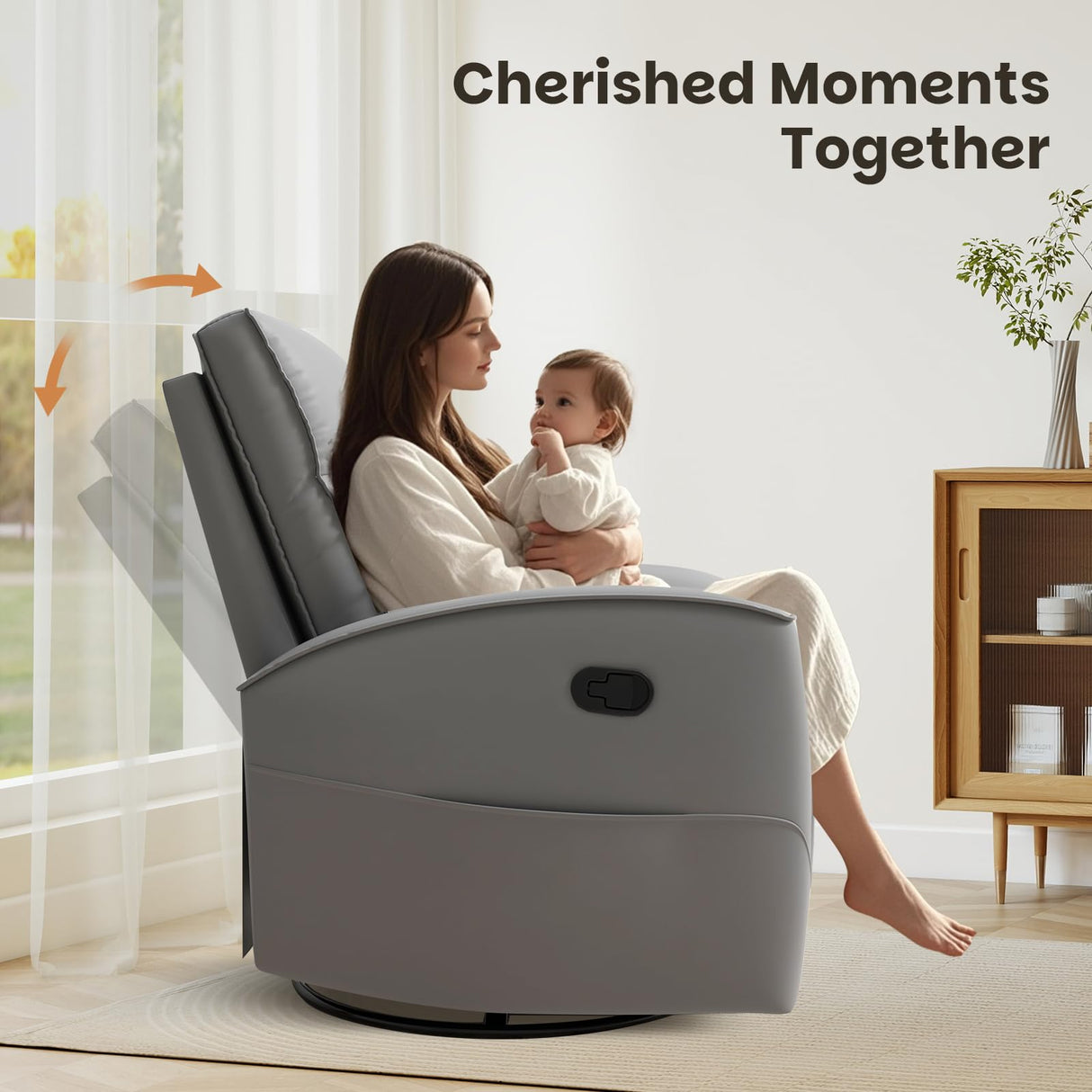 CANMOV Rocker Recliner Chair,360°Swivel Nursery Glider Recliner,Manual Recliner Sofa with Padded Armrest and Backrest,Leather Recliner for Small Spaces,Living Room,Bedroom,Grey CANMOV