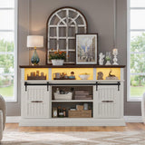 Farmhouse TV Stand for 75 Inch TV, 32" Tall Entertainment Center with LED Light, Sliding Barn Doors TV Stand Rustic Media Console with Storage Cabinets and Adjustable Shelves for Living Room, White PinkMuse