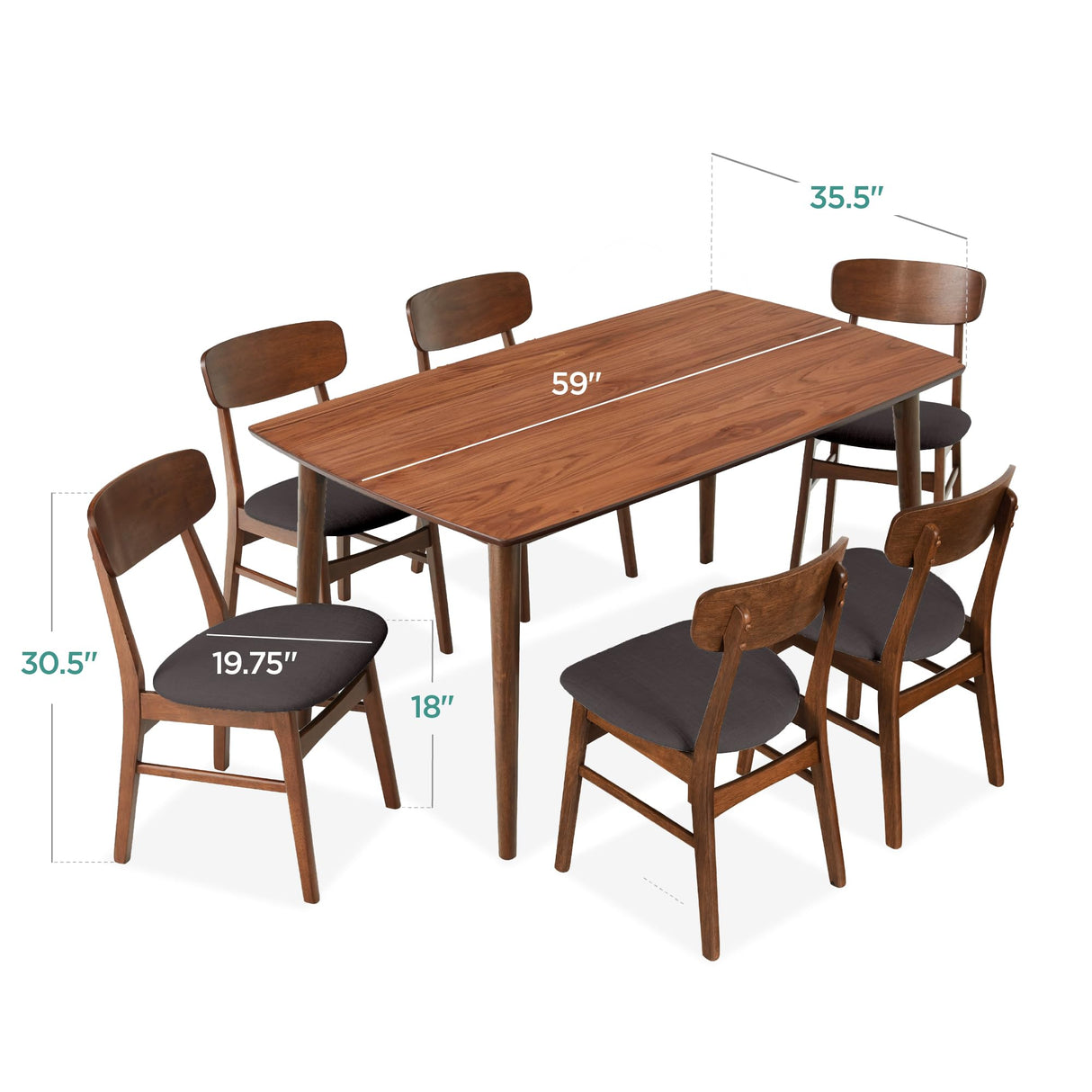 Best Choice Products 7-Piece Wooden Dining Room Table Set, Mid-Century Modern, Kitchen Table w/ 6 Chairs, Upholstered Cushions, Curved Backrests, Rounded Table Corners - Walnut/Charcoal Best Choice Products