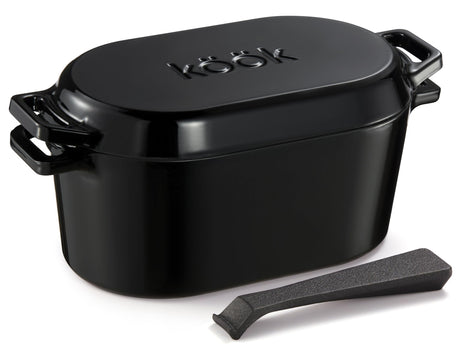 KooK Dutch Oven, Oven for Sourdough Bread Baking, with Lid, Dual Handles, Enameled Cast Iron, includes Lid Lever, Great for Baking Bread, Cooking and Roasting, Dishwasher Safe, 3.4 Qt, Black KooK