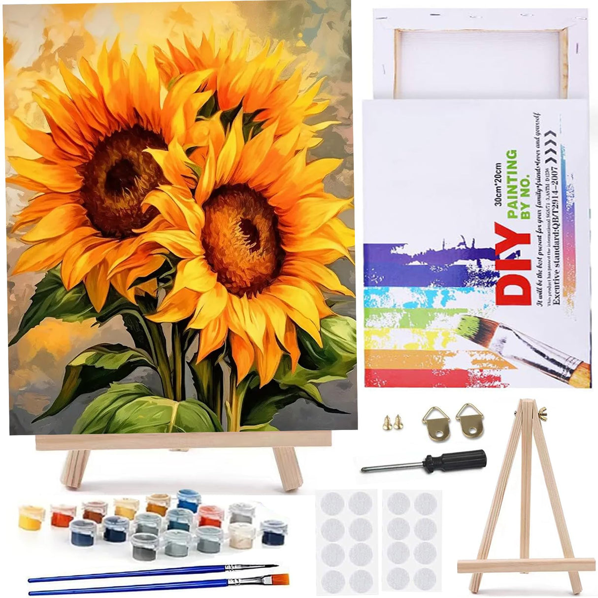 MaiMMaledy Paint by Numbers Kit for Adults Beginners, 12Wx8L inch Canvas Pictures with Framed, Drawing Painting Works with Wooden Triangle Easel, Acrylic Pigment,Sunflower MaiMMaledy