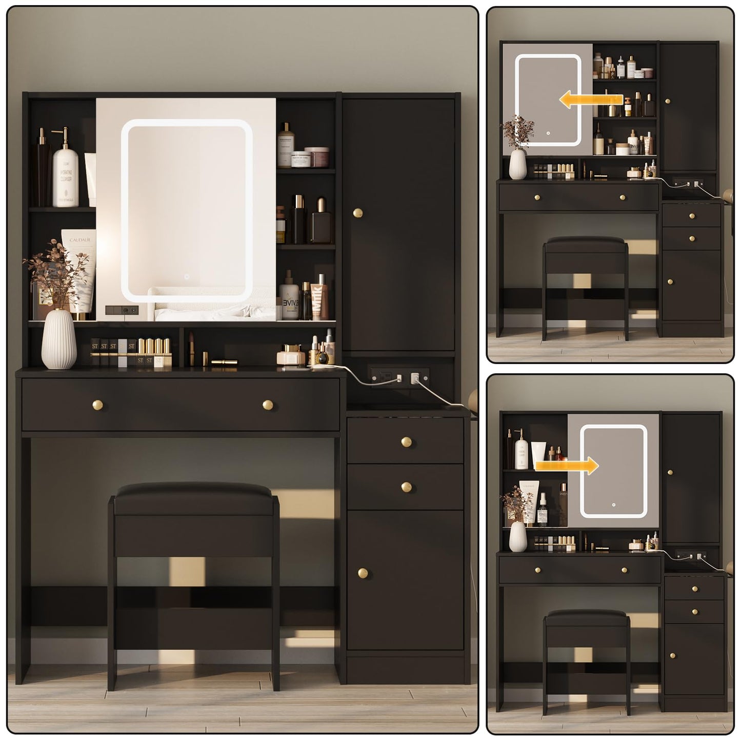 Vanity Table with Mirror, Lights and Charging Station - Glass Top Vanity with 3 Drawers, Jewelry Cabinet and Sliding Door, 42.8 Inches - WoodArtSupply