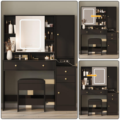 Vanity Table with Mirror, Lights and Charging Station - Glass Top Vanity with 3 Drawers, Jewelry Cabinet and Sliding Door, 42.8 Inches - WoodArtSupply