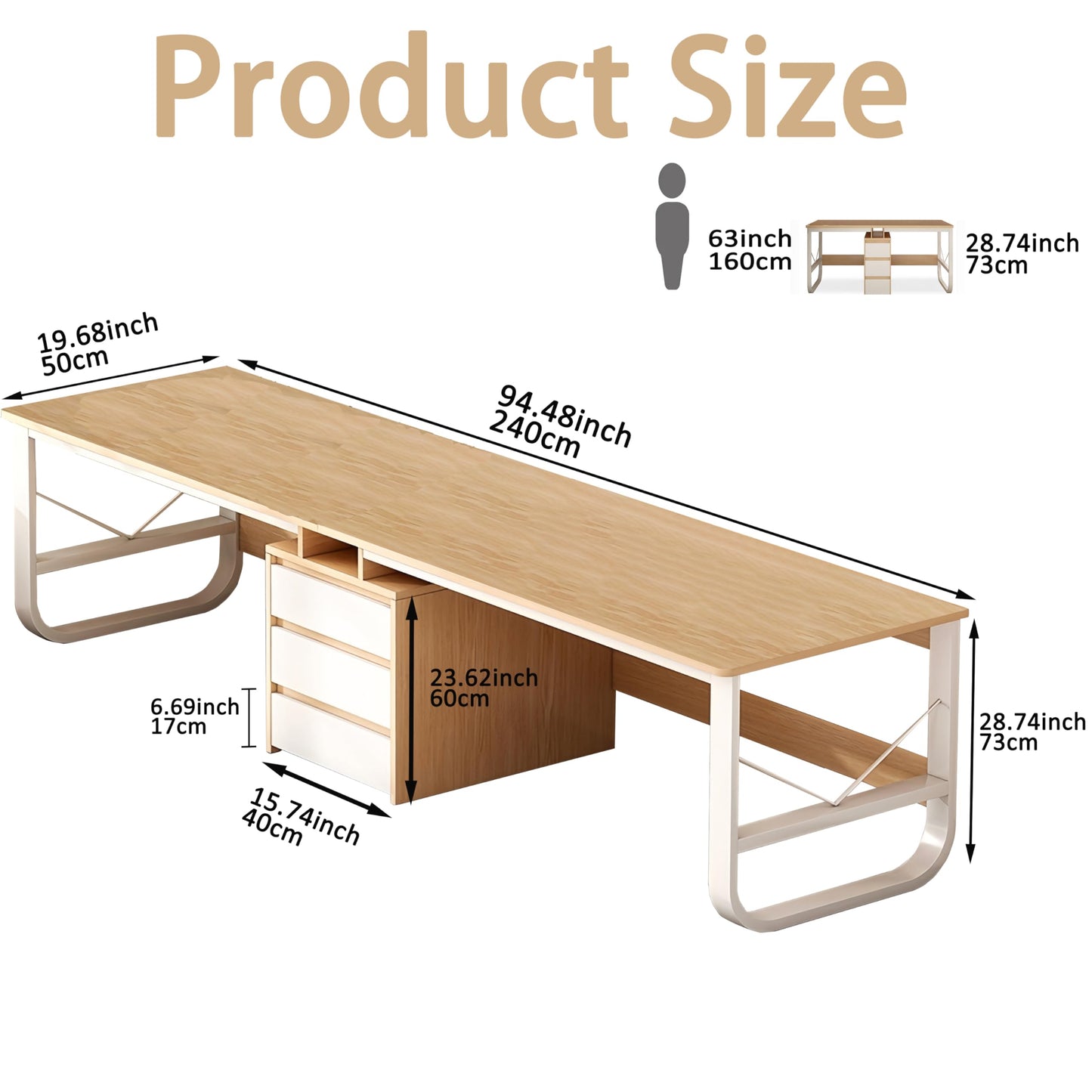 Generic 95″ Two Person Office Desk with 3 File Drawer,Large Computer Office Double Desk with Adjustable Feet Pads,Industrial Wood Modern Work Dual PC Table for Home Office,White, 94.48″ - WoodArtSupply