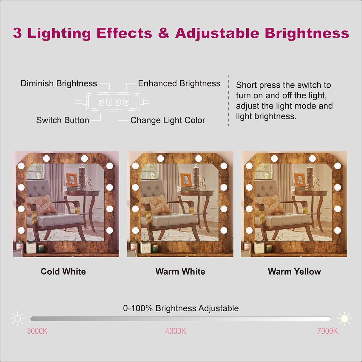 Vanity Table with Lighted Mirror, Modern Makeup Vanity Table with 10 Lights Makeup Desk 4 drawer Storage Dressing Table for Bedroom (Brown) Panana