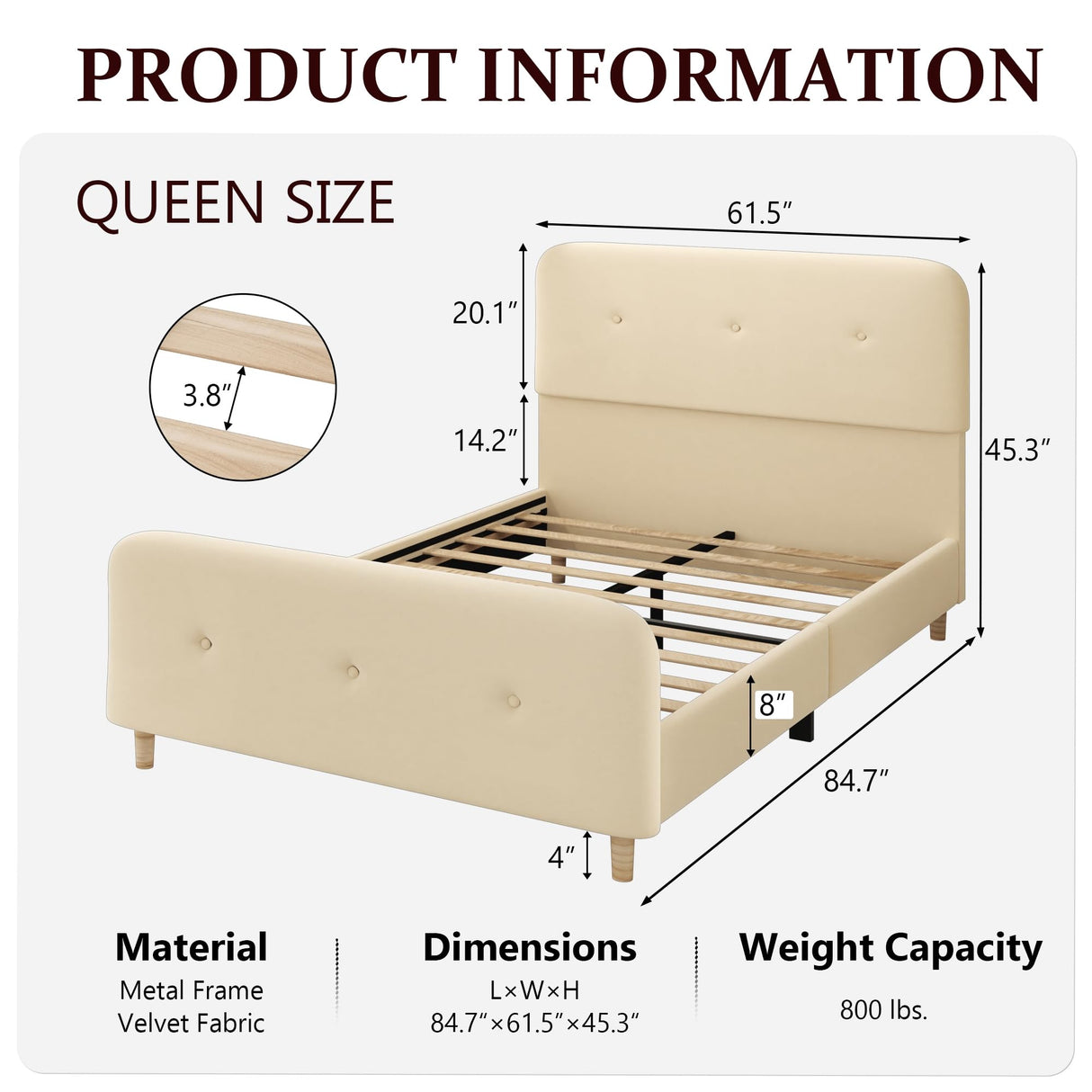 Queen Size Platform Bed Frame with Velvet Upholstered Headboard, Button Tufted Headboard and Footboard, Anti-Collision Soft Rounded Corners, No Box Spring Needed, Easy Assembly, Beige viplov