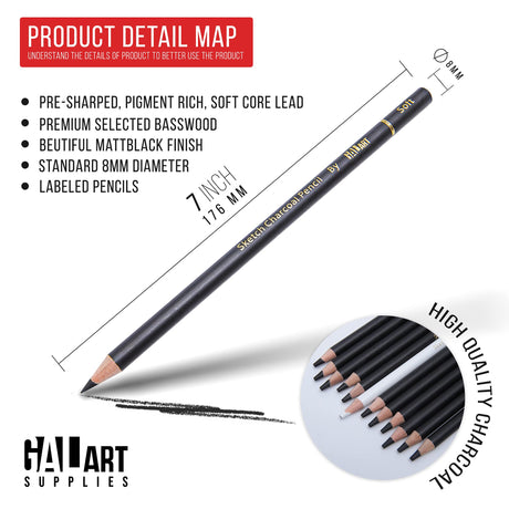 Galart Supplies Charcoal Drawing Set with Organizer Tray – 12 Pieces Soft, Medium, Hard and White Charcoal Pencils for Drawing, Shading and Sketching for Artists and Beginners Galart Supplies