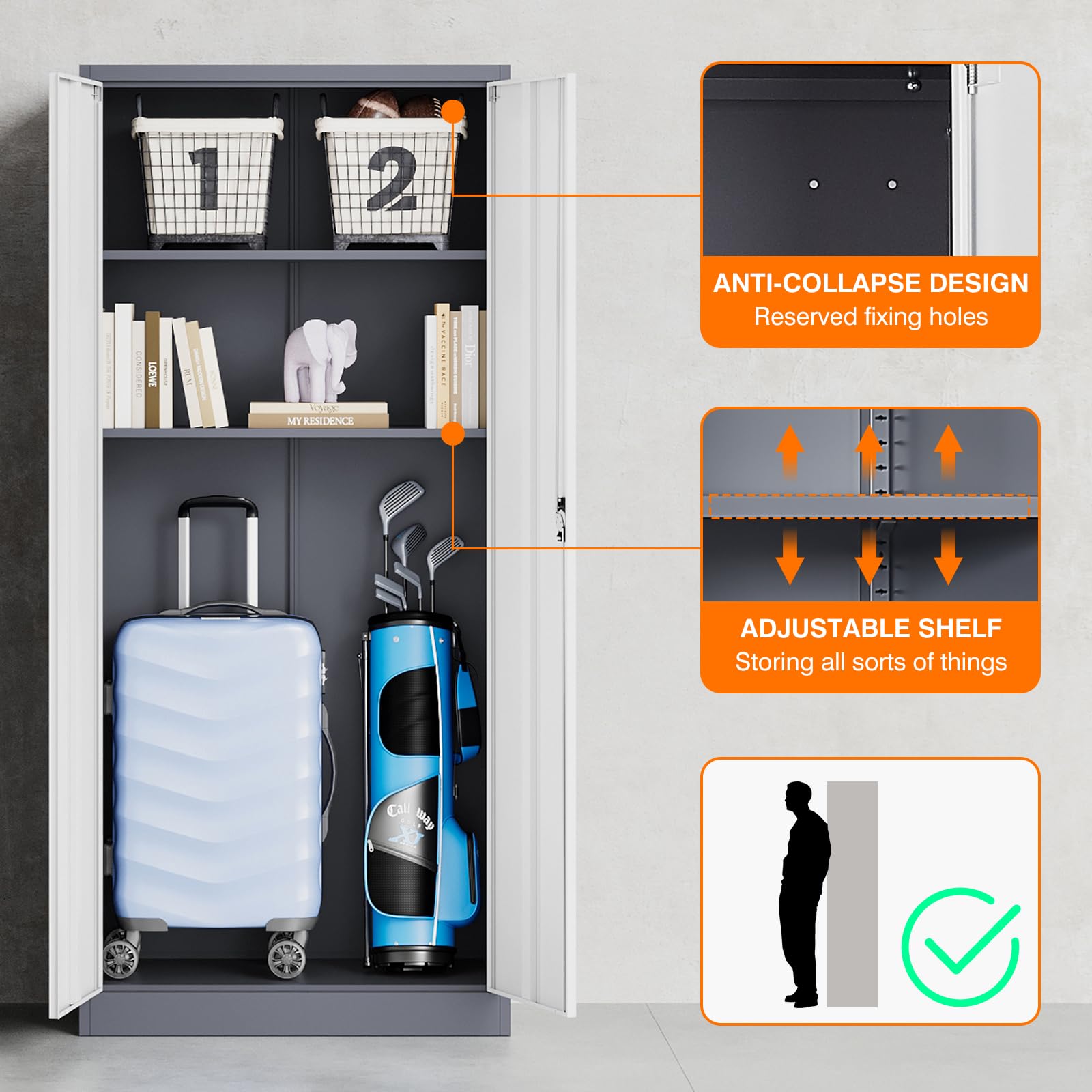 NODHM Metal Garage Storage Cabinets with Lock, 72" Storage Cabinet with Doors and Adjustable Shelves Tool Garage Cabinet for Home,Office,Warehouse (Gray & White) - WoodArtSupply