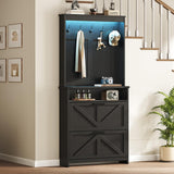 Farmhouse Shoe Storage Cabinet with 2 Flip Drawers & Coat Rack, LED Light, Hall Tree with Hidden Shoe Cabinet, Freestanding Shoes Organizer Cabinet for Entryway, Hallway, and Living Room, Black RALGEND