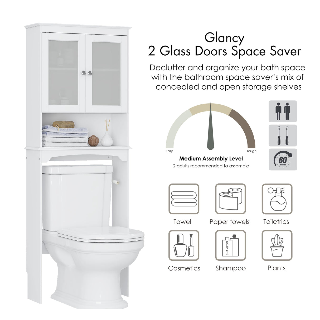 Spirich Over The Toilet Storage Cabinet, Above Toilet Storage Shelf with Glass Doors, Behind Toilet Bathroom Organizer, White Spirich