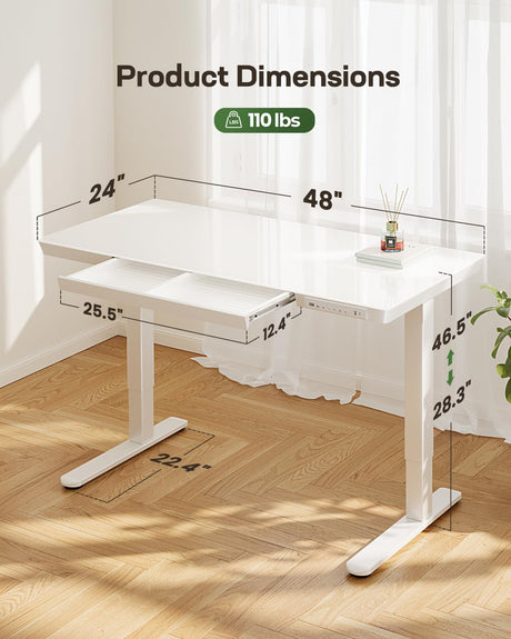 Marsail Glass Standing Desk with Drawer, 48 x 24 inch Electric Standing Desk, Height Adjustable Desk with One-Piece Tabletop & USB Charging Ports, Sit Stand Desk with Storage for Home & Office White Marsail