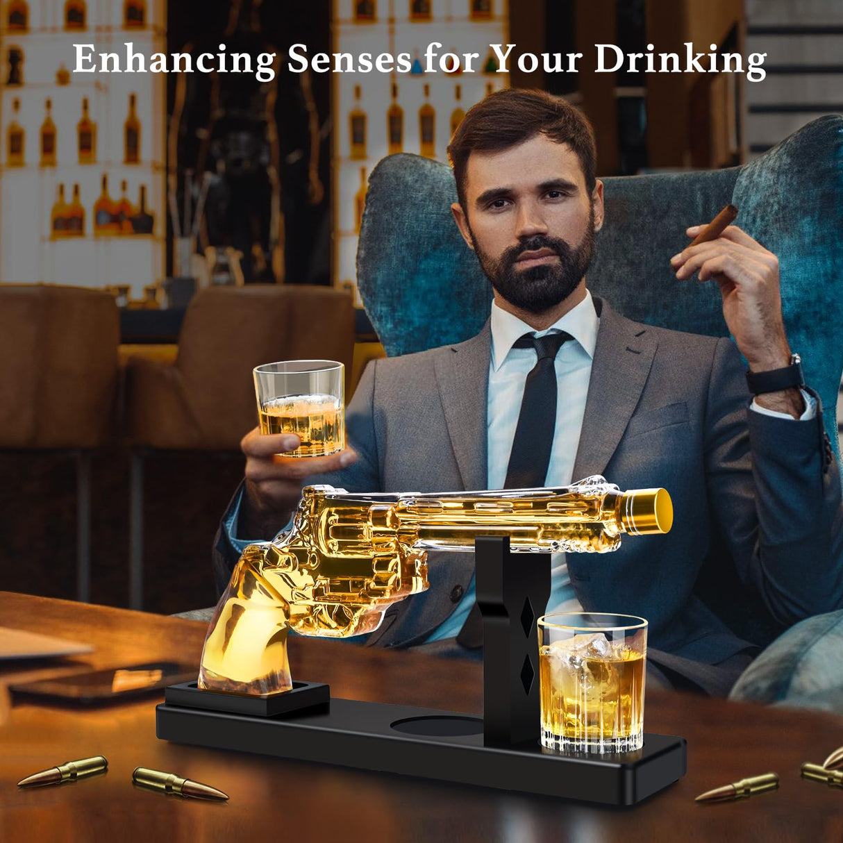 LUXULISH Whiskey Gun Decanter Sets for Men, Liquor Decanter Set with Two Shot Glasses, Cool Birthday Anniversary Stuff Gifts for Him, Dispenser for Liquor Vodka LUXULISH
