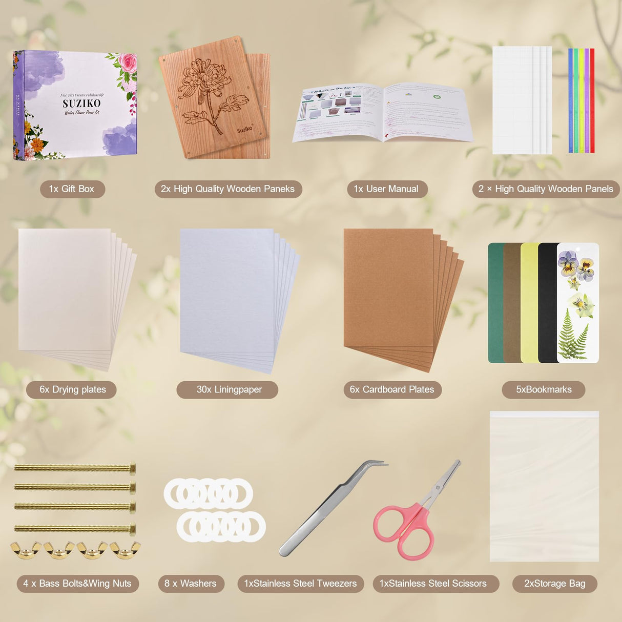 Suziko Large Flower Press Kit 10.8 x 6.9 inch for Adults Kids, Flower and Plant Preservation Kit, Arts and Crafts for Adults Leaf Press, Great Gift for Lovers Suziko