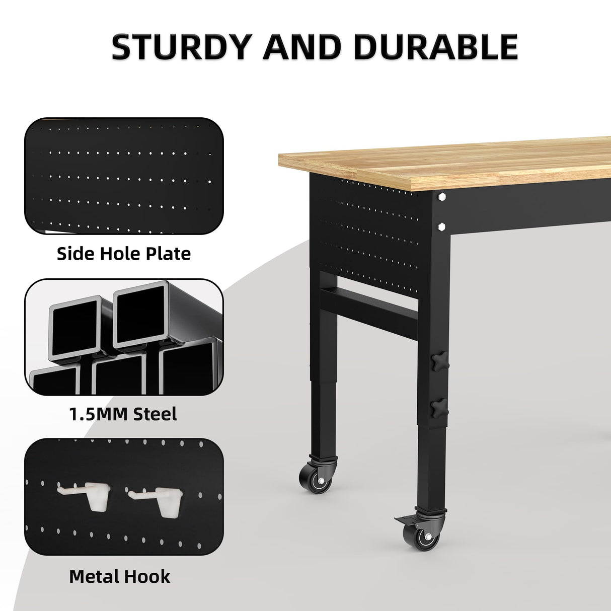 NBGV 48" Solid Wood Work Bench, Adjustable Hight Workbench with Wheels, Heavy-Duty Worktable with Pegboard, Power Outlets, Workstation for Garage, Workshop, Office NBGV