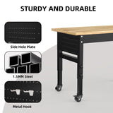 NBGV 48" Solid Wood Work Bench, Adjustable Hight Workbench with Wheels, Heavy-Duty Worktable with Pegboard, Power Outlets, Workstation for Garage, Workshop, Office NBGV