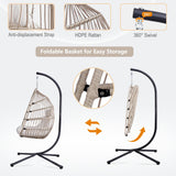 DAIJIA CHINA Foldable Hanging Egg Chair with Stand, HDPE Rattan and Heavy Duty Aluminum-Steel Frame, Outdoor Patio Wicker Swing Egg Chair with Headrest and Cushioned, 350 Lbs Capacity (Beige) DAIJIA CHINA