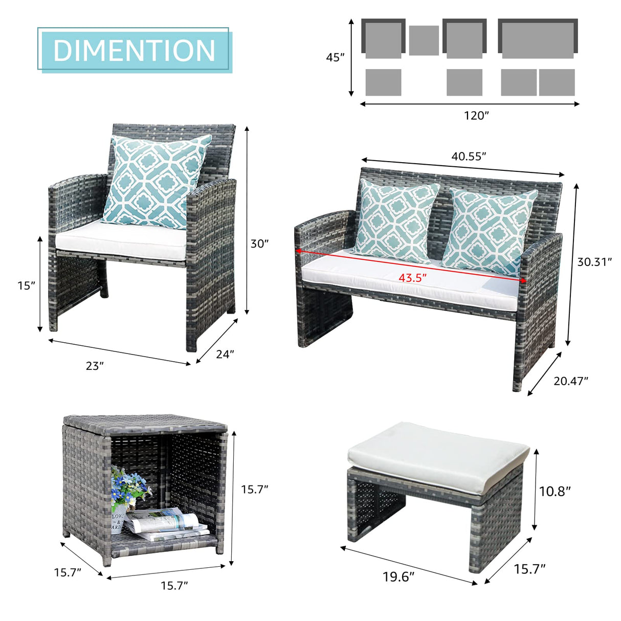 OC Orange-Casual 8 Pieces Patio Furniture Conversation Set, Outdoor Wicker Bistro Set, All Weather Loveseat Chairs with Ottoman & Coffee Table, Grey Rattan with White Cushion (Taupe Cover Included) OC Orange-Casual