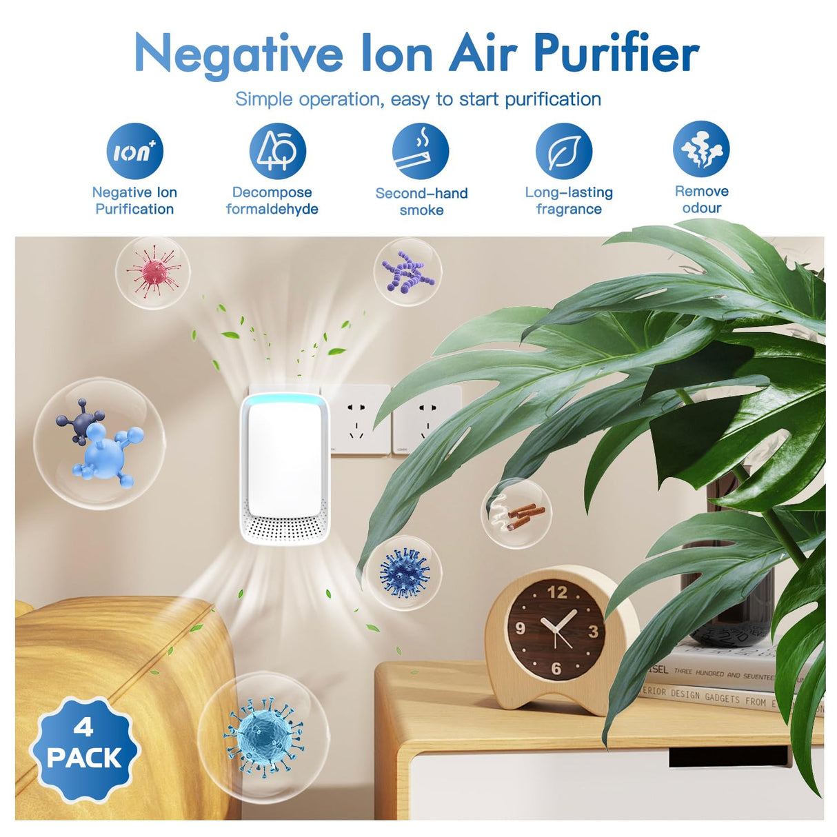 Plug In Air Ionizers - Negative Ion Technology Air Purifier - Quiet Operation Air Freshener for Home, Bedroom, Office, Garage Room - Portable Air Purifiers Odor,Pets Smell - Air Cleaner White (4 Pack） AUKUU