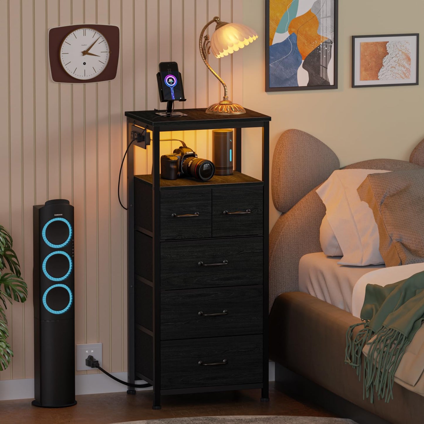 Furnulem Vertical Dresser with Charging Station and LED Lights, Black Chest of Drawers with Shelf and 5 Fabric Bins, Tall Nightstand for Entryway, Closet, Bedside Table, Wood Top, Bedroom Fur - WoodArtSupply