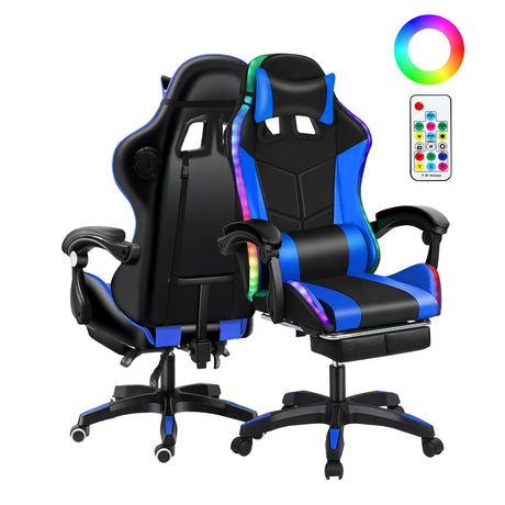 Gaming Chair with Speakers, Gamer Chair with Massage Height Adjustable, Ergonomic Office Computer Gaming Chair with Bluetooth-Compatible and RGB LED Lights for Adults Women Men (Blue) TOLUON