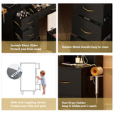 jiteentarou 47" Large Vanity Desk with Mirror and Lights, LED Black Vanity Set with Stool and Power Outlet, Lighted Make up Vanity Desk with Drawers and 3 Lighting Modes for Women, Girls(Black) jiteentarou