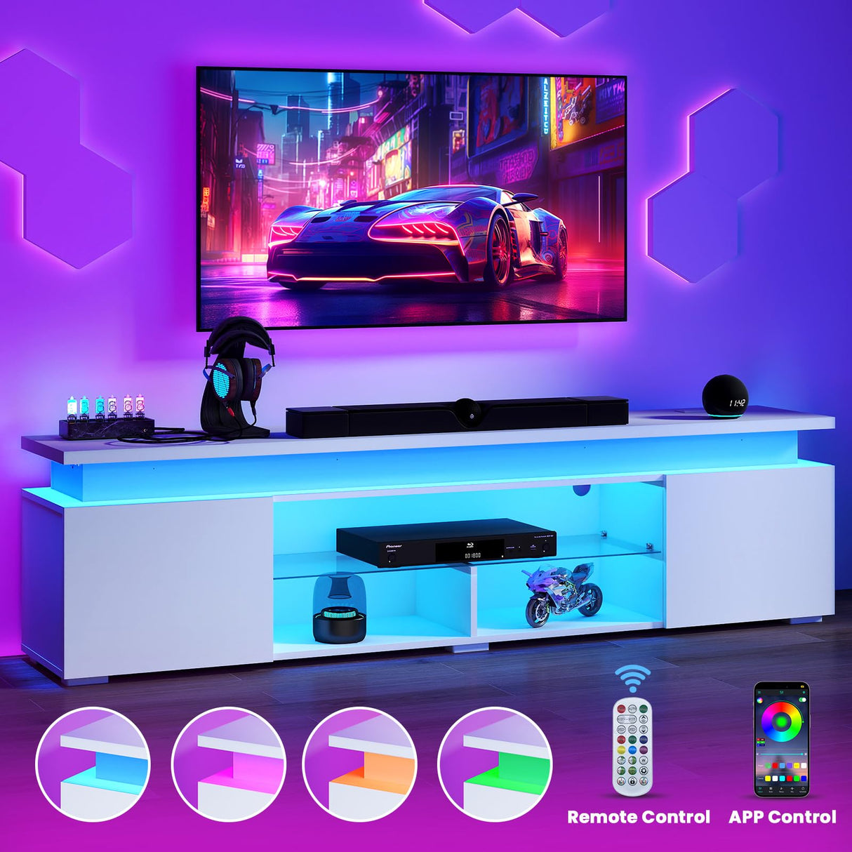 Lamtor TV-Stand for 85 Inch TV - Led TV Stand with Power Outlet, Modern Entertainment Center with Glass Shelf, High Glossy Gaming TV Media Console for Living Room, White Lamtor