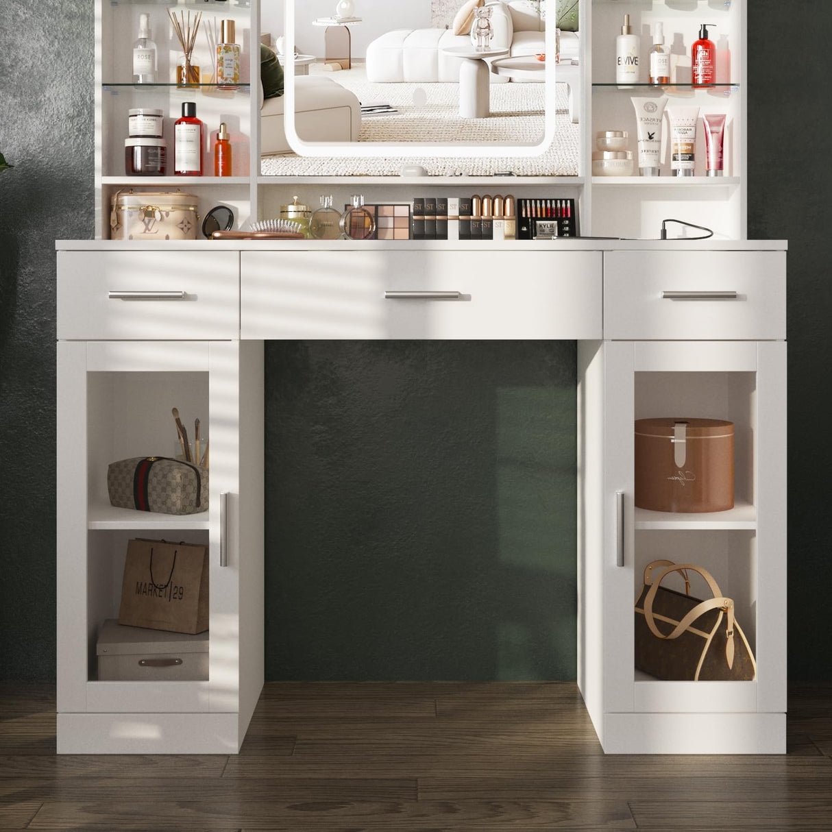 Fameill Makeup Vanity with Lights, 43.4inch Vanity Desk with Power Strip, 3 Drawers and 2 Cabinets Makeup Table with Lighted Mirror, 3 Lighting Colors, White Fameill