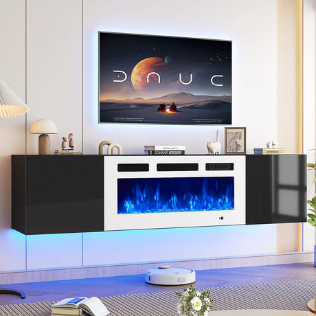 oneinmil Floating TV Stand with 36" Electric Fireplace, Wall Mounted Fireplace Entertainment Center with Storage, 70" TV Console with Fireplace, Floating TV Cabinet, Black+White oneinmil