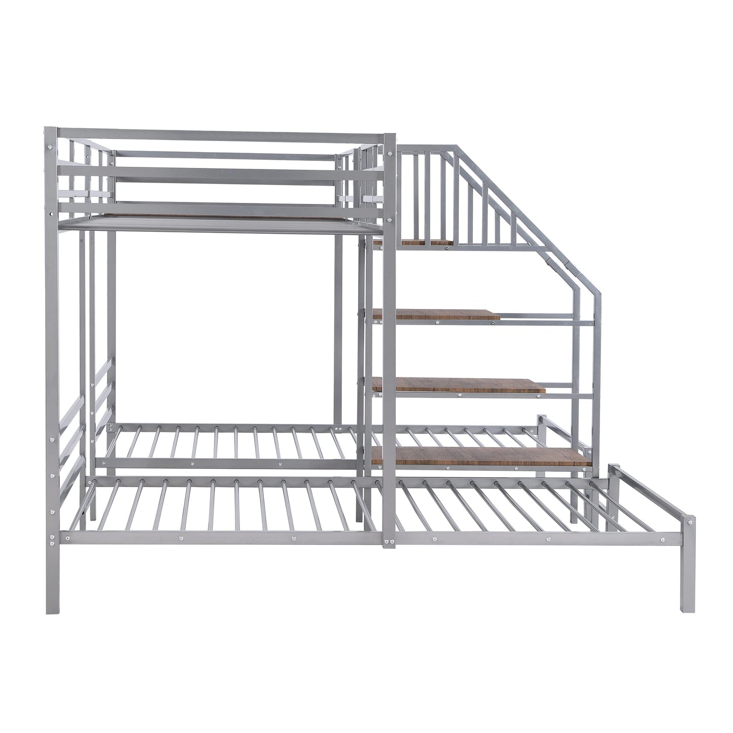 Harper & Bright Designs Metal Triple Bunk Bed with Stairs, 3 Beds Bunk Bed, Twin Over Twin & Twin Bunk Bed with Storage Shelves Staircase, for Kids Teens Adults, Silver