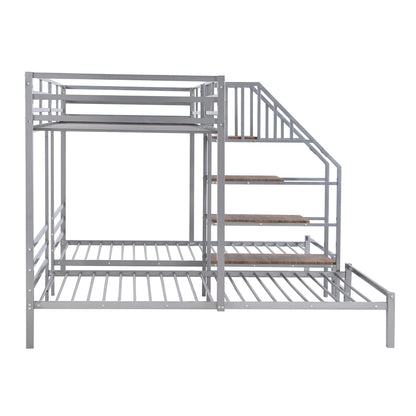 Harper & Bright Designs Metal Triple Bunk Bed with Stairs, 3 Beds Bunk Bed, Twin Over Twin & Twin Bunk Bed with Storage Shelves Staircase, for Kids Teens Adults, Silver