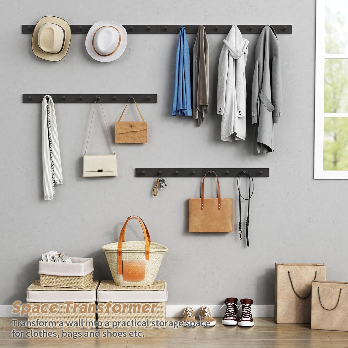 Forbena Black Coat Rack Wall Mount 4-Pack, Rustic Farmhouse Coat Hooks for Wall, Vertical Hanging Hat Rack for Office, Bedroom, Closet, Small Spaces, Kids Room Clothes, Entryway Shoes - 16 Pegs Forbena