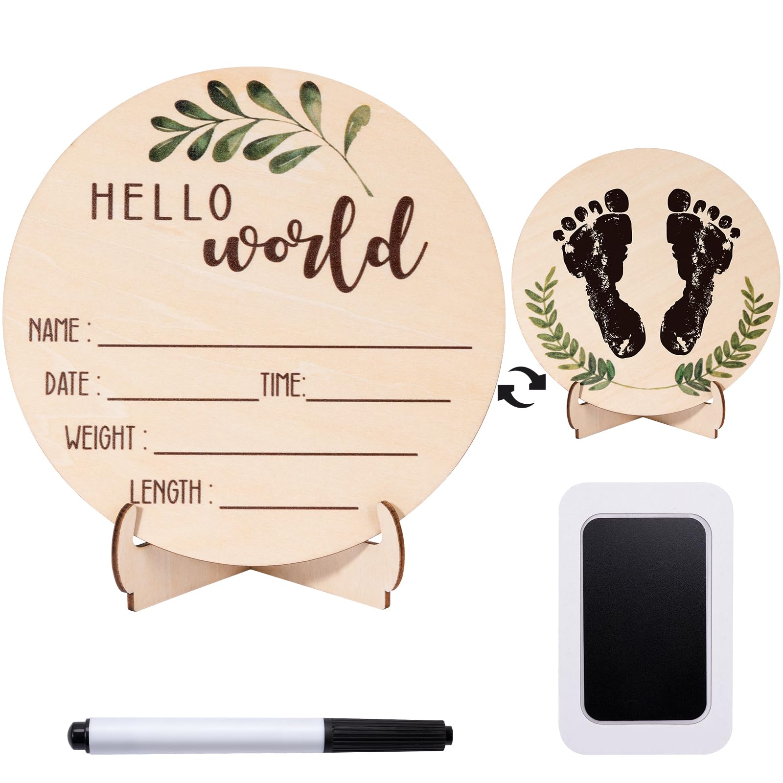 Baby Announcement Sign for Welcome Baby - Double-Sided Hello World Newborn Name Sign for Hospital with Marker and Stand, Wooden Birth Announcement - WoodArtSupply