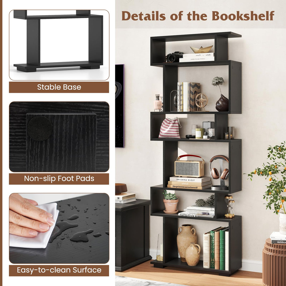 Tangkula 6-Tier S-Shaped Bookshelf, 64" Freestanding Geometric Bookcase, Home Office Wood Storage Shelf with Anti-Toppling Device, Room Divider Display Rack for Study, Living Room (1, Black) Tangkula