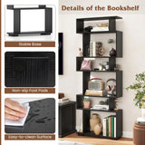 Tangkula 6-Tier S-Shaped Bookshelf, 64" Freestanding Geometric Bookcase, Home Office Wood Storage Shelf with Anti-Toppling Device, Room Divider Display Rack for Study, Living Room (1, Black) Tangkula