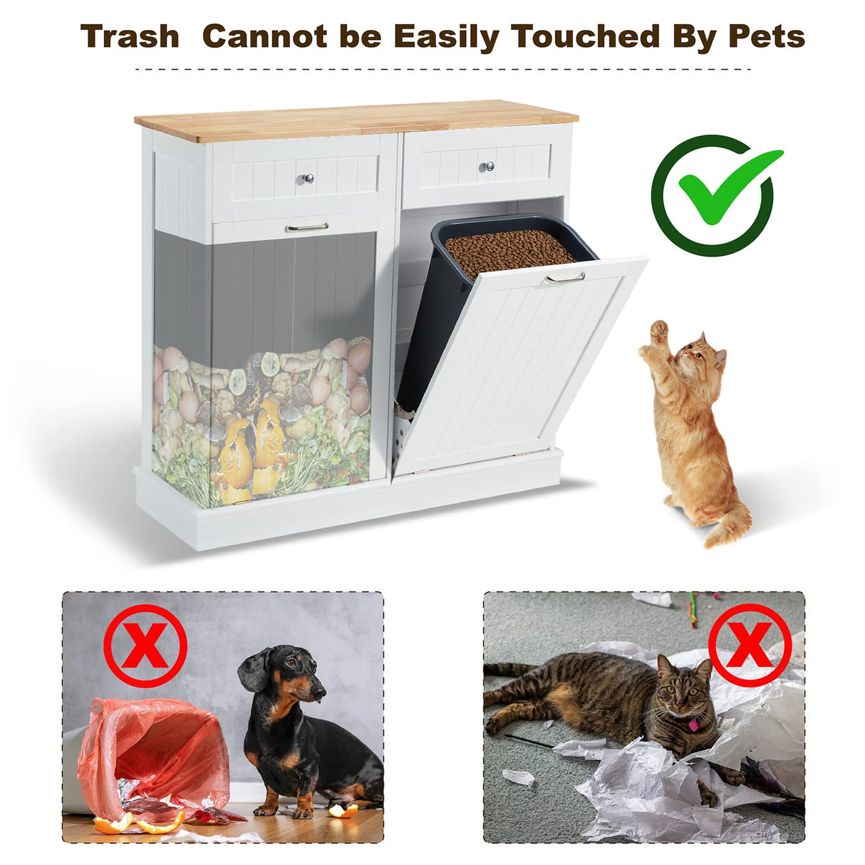GTQuality Double Tilt Out Trash Cabinet, Dual Kitchen Trash Bin Cabinet with Hideaway Drawer, Wooden Free Standing Recycling Cabinet Garbage Can Holder Pet Proof(White) GTQuality