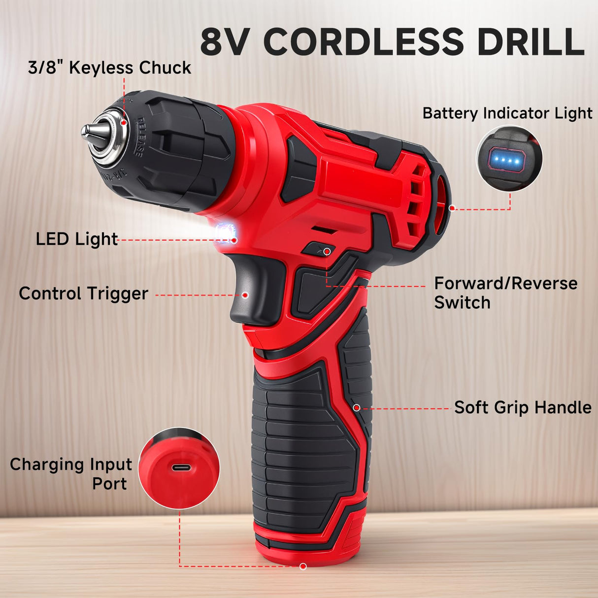 Tool Set - Tool Kit with 8V Cordless Drill, 132 Piece Tool Box with Drill, Home Tool Kits for Men & Women, Hand Drill Set Perfect for Homeowner, Diyer, Handyman - Red prekull