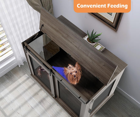 LINLUX 40 Inch Dog Crate Furniture, Wooden Heavy Duty Dog Kennel Indoor, Decorative Dog Cage Table for Large Medium Dogs, with Sliding Doors, Wheels and Flip-top Plate LINLUX