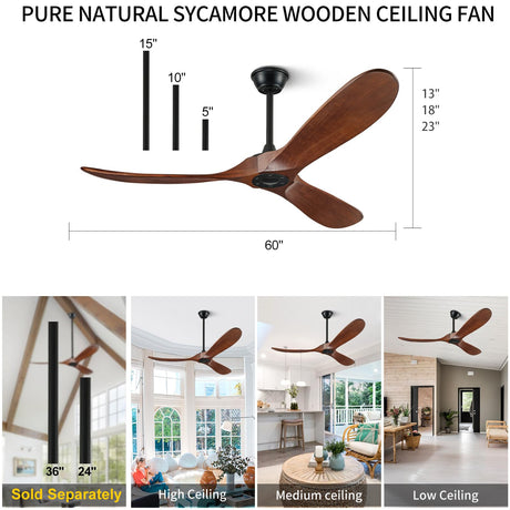BOOSANT 60 inch Ceiling Fan Without Light, Ceiling Fan no Light with Remote Control and Quiet DC Motor, Outdoor Ceiling Fans for Patios Without Lights, Solid Wood 3 Blades, ETL Listed- Dark Walnut BOOSANT