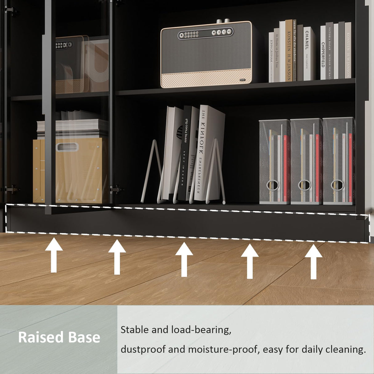 Mekminop Wood and Glass Display Cabinet, Modern Bookcase with Glass Doors, Led Light & Shelves, 78.7” W Large Combination Storage Cabinet with Handle for Home Office, Living Room, Black Mekminop