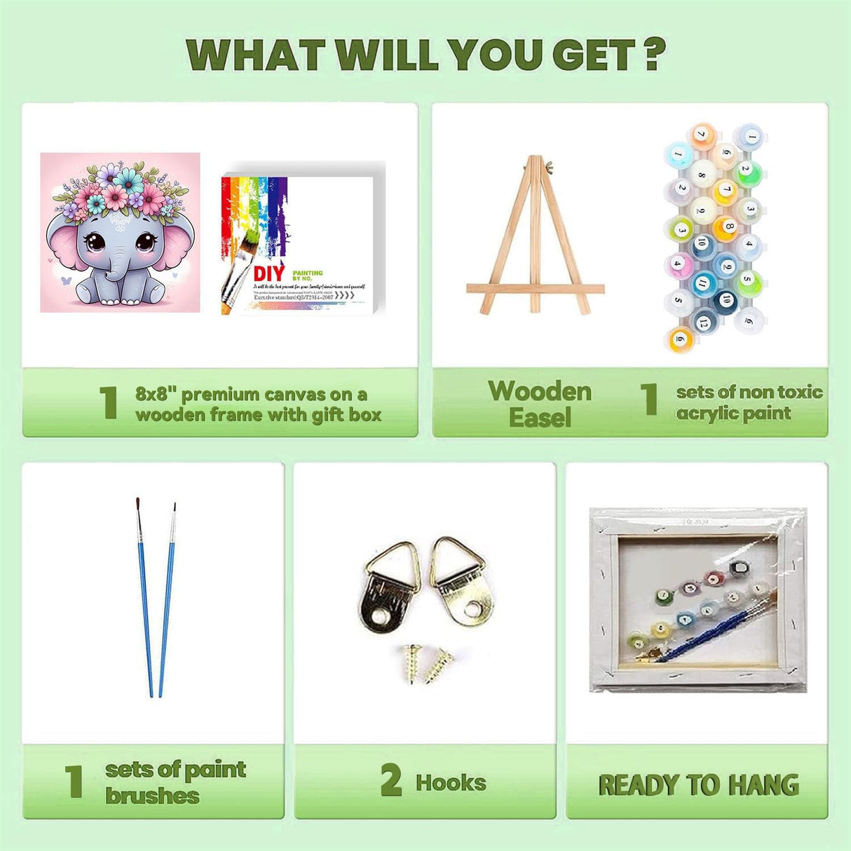 cviokrdu Elephants Paint by Numbers Kit for Kids with Frame - Wooden Easel, Animals Paint by Numbers for Kids Ages 4 8 12, Easy Acrylic Oil Painting Kits for Home Wall Decoration 8x8 inch cviokrdu